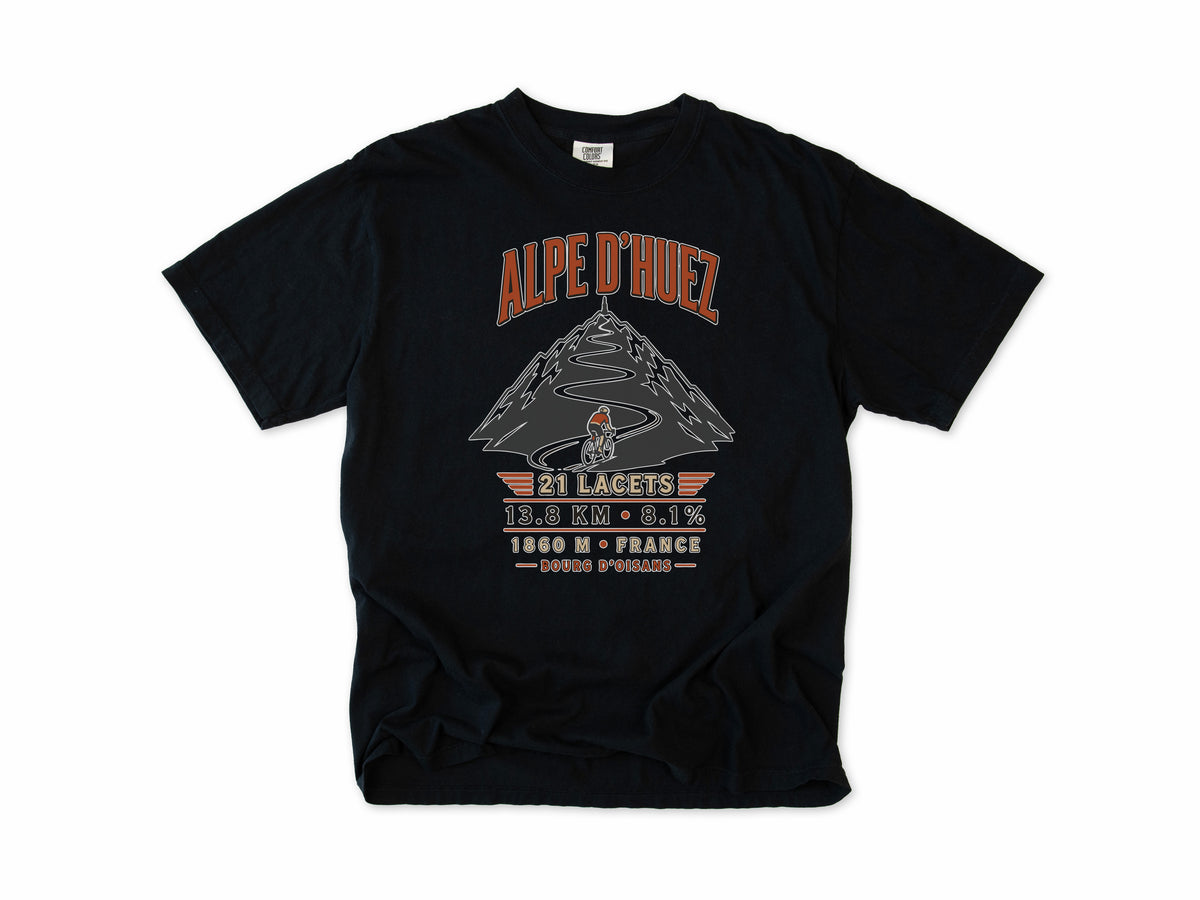 Cycling T-shirt in Black, 'Alpe d'Huez, 21 lacets' with a switchback mountain, for road cyclists, Tour de France fans