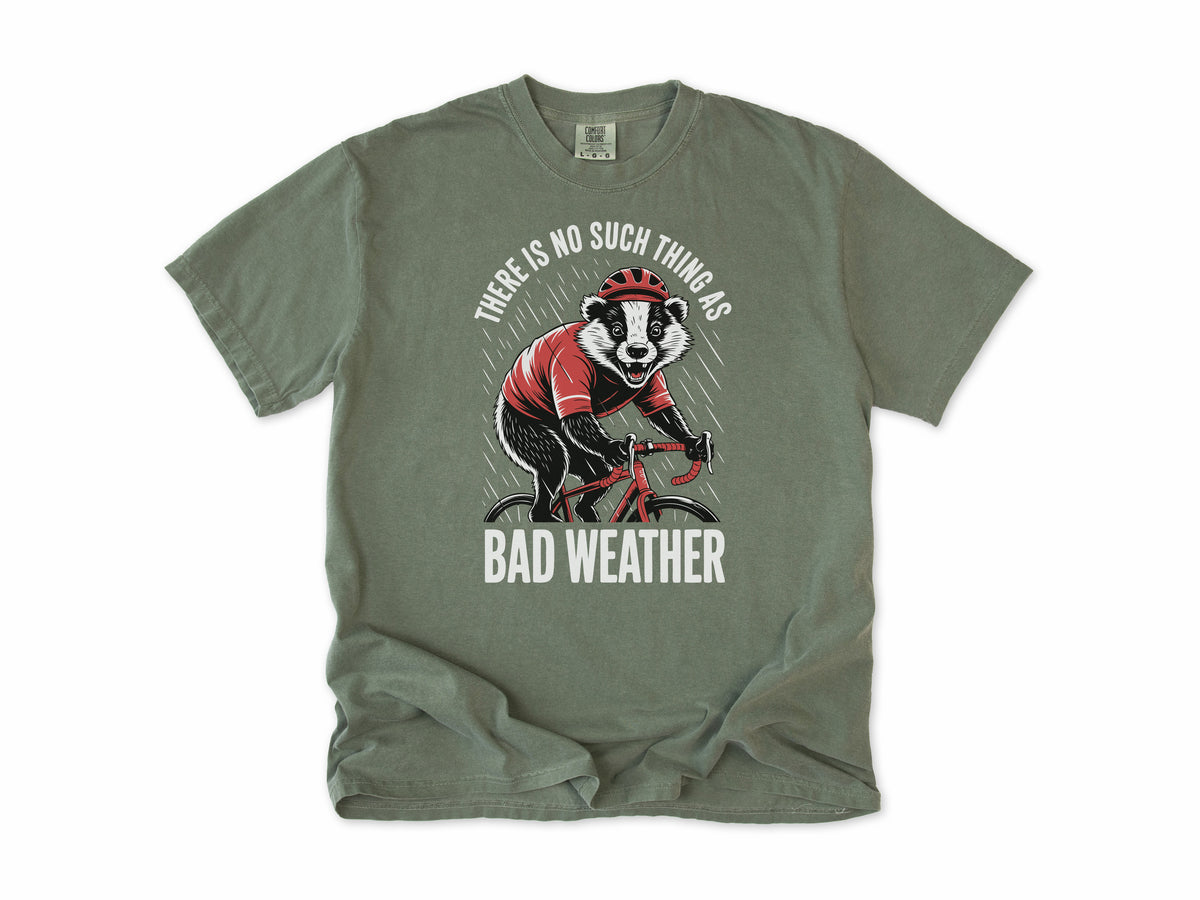 Funny cycling T-shirt in Moss, a badger cycling, 'There is no such thing as bad weather', for all-weather riders