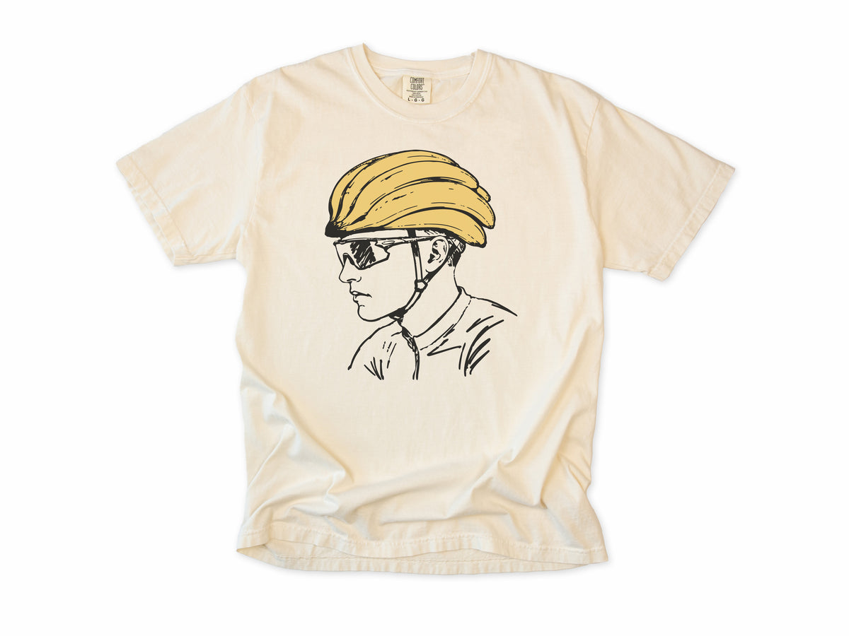 Funny cycling T-shirt in Ivory, a line drawing of a cyclist in sunglasses and a banana helmet, for road cyclists