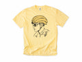 Funny cycling T-shirt in Butter, a line drawing of a cyclist in sunglasses and a banana helmet, for road cyclists