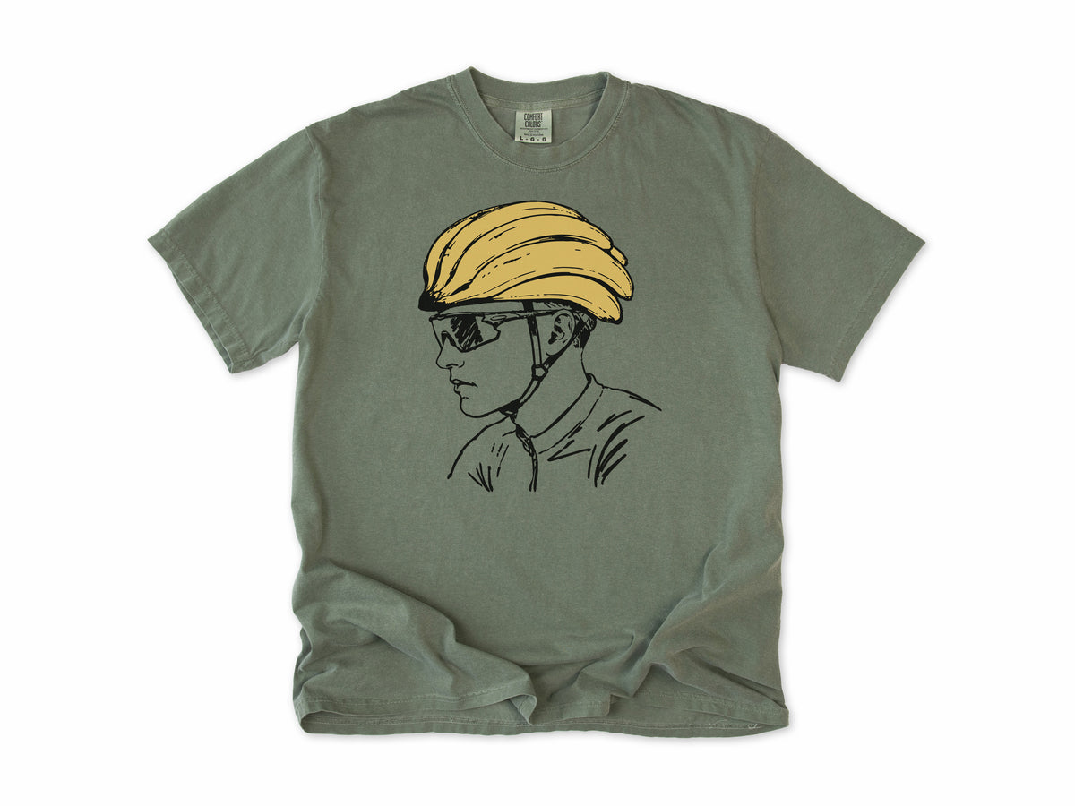 Funny cycling T-shirt in Moss, a line drawing of a cyclist in sunglasses and a banana helmet, for road cyclists