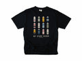 Funny cycling T-shirt in Black, 'My Spare Bidon' with twelve colourful water bottles, for cyclists who collect bottles