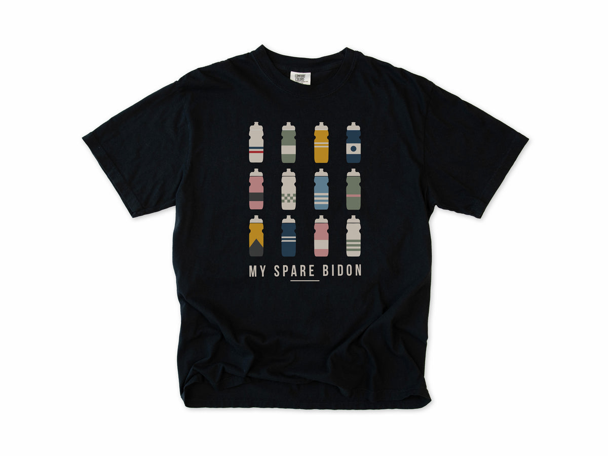 Funny cycling T-shirt in Black, 'My Spare Bidon' with twelve colourful water bottles, for cyclists who collect bottles