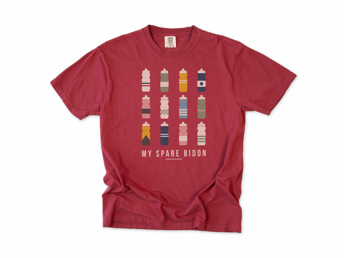 Funny cycling T-shirt in Chili, 'My Spare Bidon' with twelve colourful water bottles, for cyclists who collect bottles