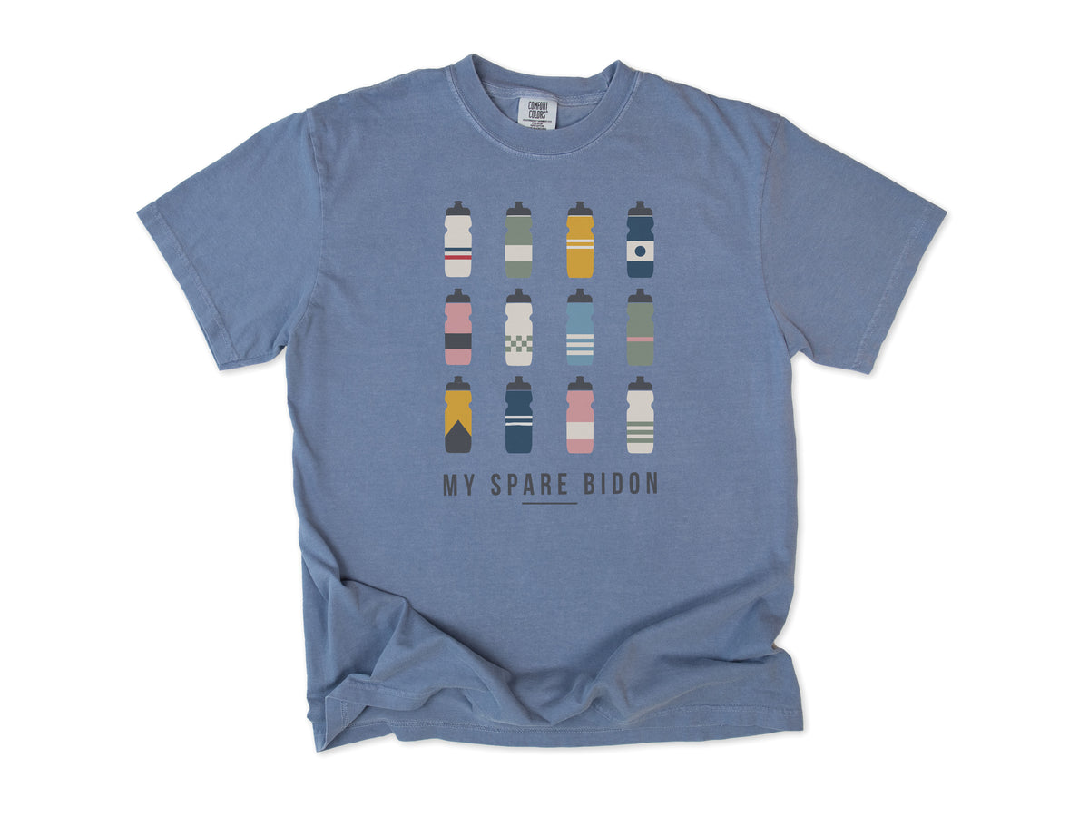 Funny cycling T-shirt in Blue Jean, 'My Spare Bidon' with twelve colourful water bottles, for cyclists who collect bottles