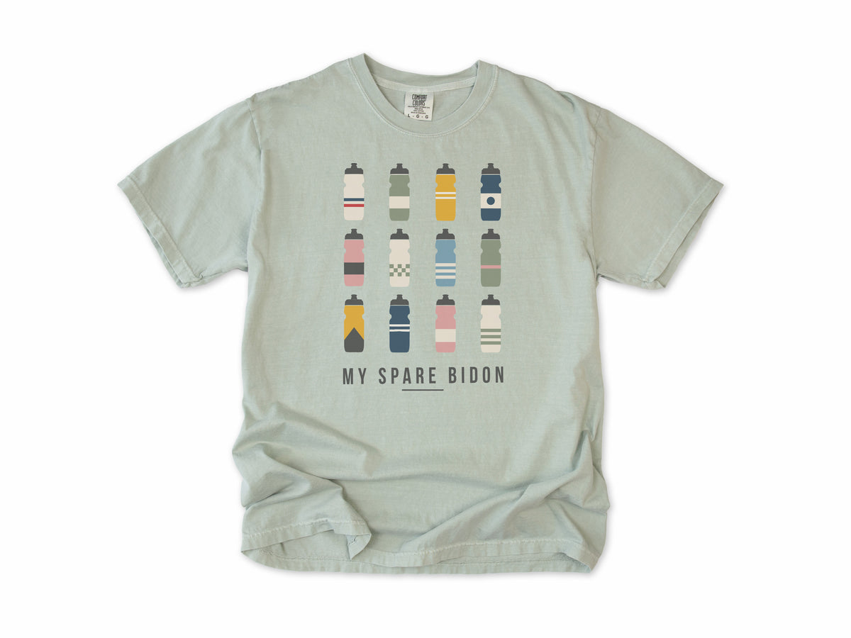 Funny cycling T-shirt in Bay, 'My Spare Bidon' with twelve colourful water bottles, for cyclists who collect bottles