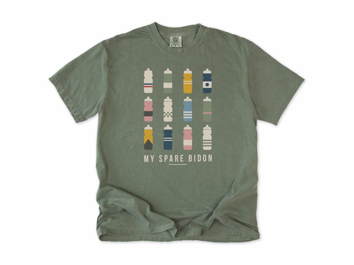 Funny cycling T-shirt in Moss, 'My Spare Bidon' with twelve colourful water bottles, for cyclists who collect bottles