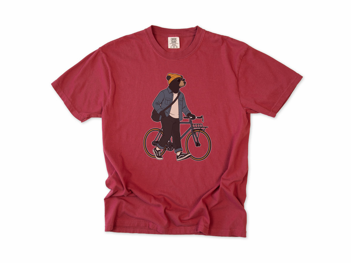 Funny cycling T-shirt in Chili, Casual Bear: a bear in a beanie and denim jacket walking a city bike, for relaxed everyday riders