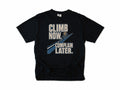 Funny cycling T-shirt in Black, 'Climb Now, Complain Later' with a cyclist on a hill, for climbers