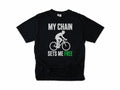 Funny cycling T-shirt in Black, 'My Chain Sets Me Free' with a cyclist silhouette, for cyclists