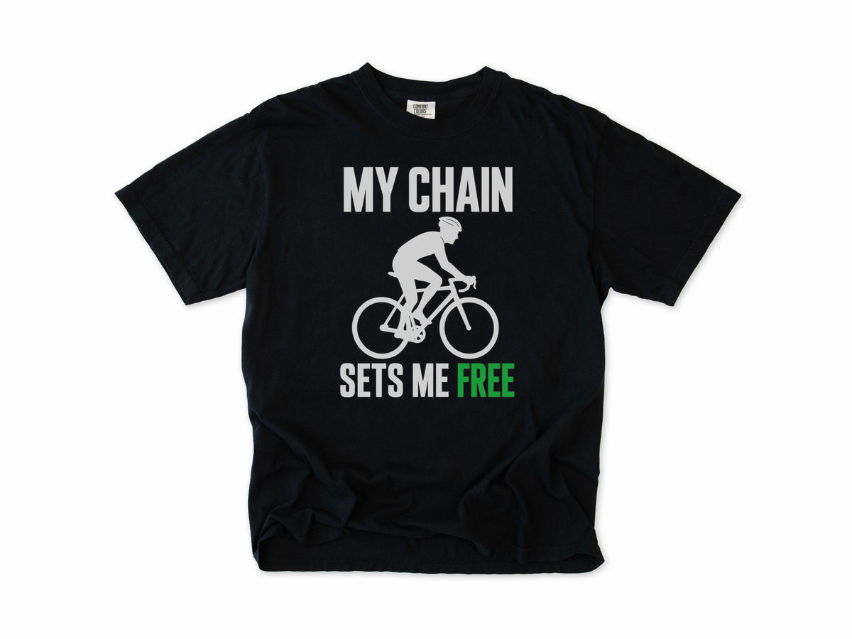 Funny cycling T-shirt in Black, 'My Chain Sets Me Free' with a cyclist silhouette, for cyclists