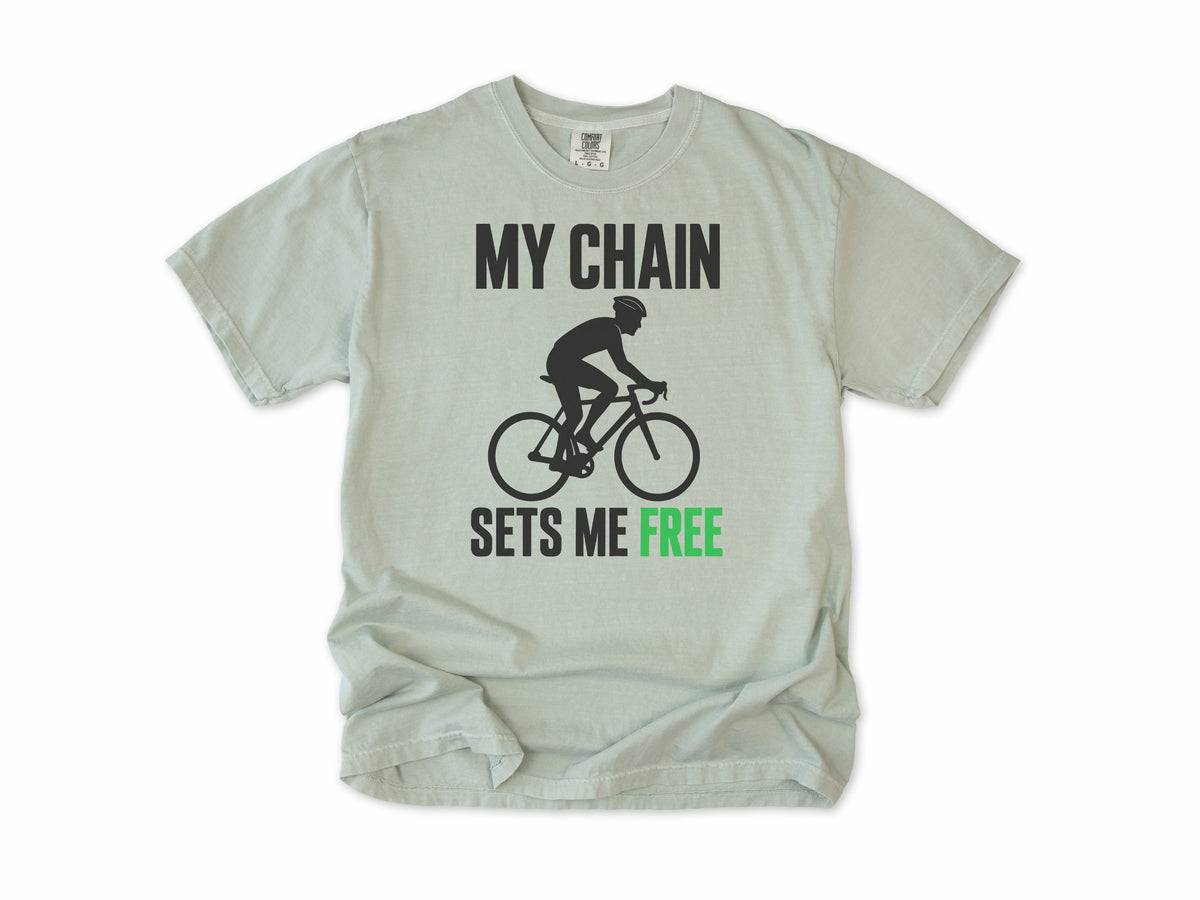 Funny cycling T-shirt in Bay, 'My Chain Sets Me Free' with a cyclist silhouette, for cyclists
