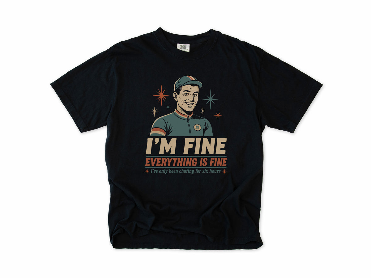 Funny cycling T-shirt in Black, Chafing: 'I'm Fine, Everything Is Fine', a retro cyclist in a cap, for long-distance riders