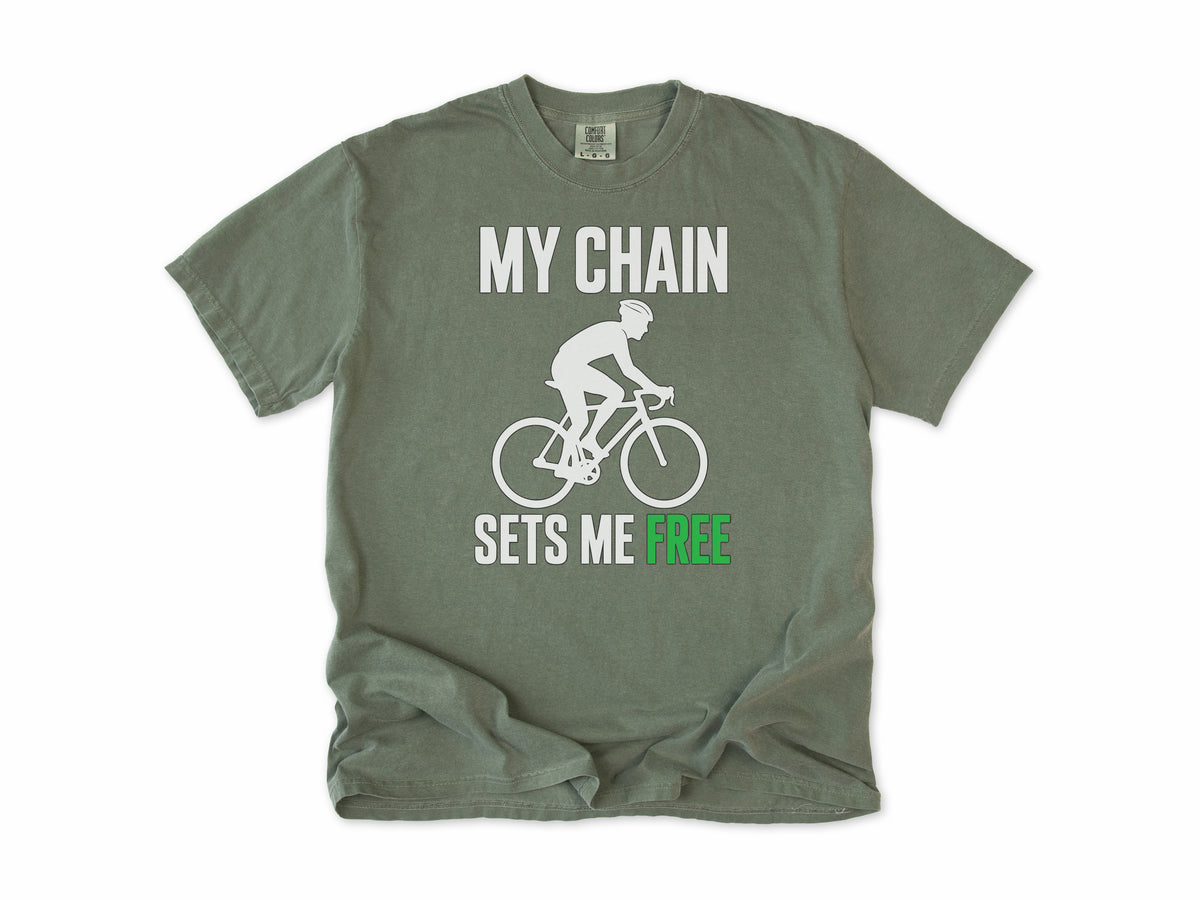 Funny cycling T-shirt in Moss, 'My Chain Sets Me Free' with a cyclist silhouette, for cyclists
