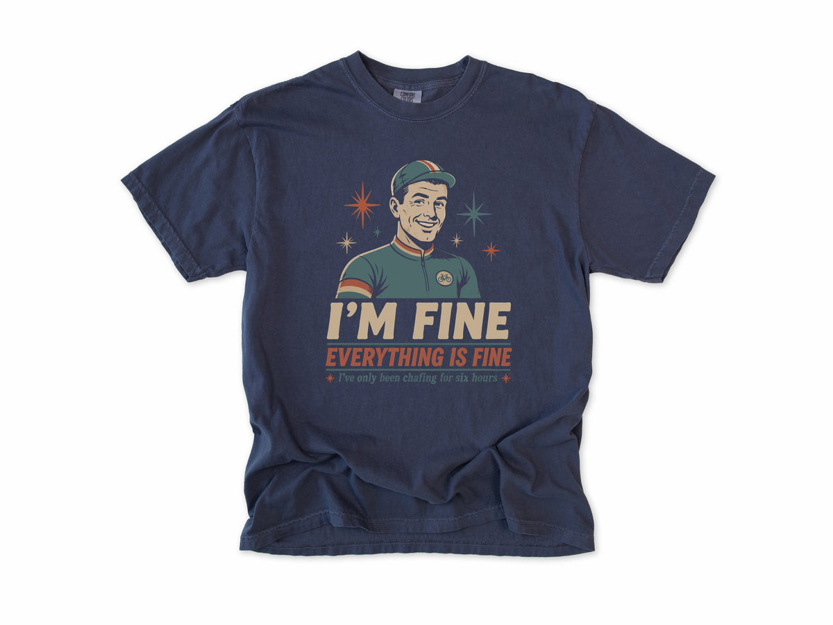 Funny cycling T-shirt in Navy, Chafing: 'I'm Fine, Everything Is Fine', a retro cyclist in a cap, for long-distance riders
