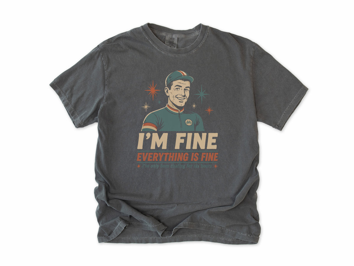 Funny cycling T-shirt in Pepper, Chafing: 'I'm Fine, Everything Is Fine', a retro cyclist in a cap, for long-distance riders