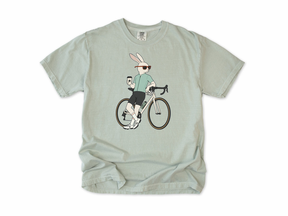 Cycling T-shirt in Bay, a hare in sunglasses with a coffee, leaning on a road bike, for coffee-loving road cyclists