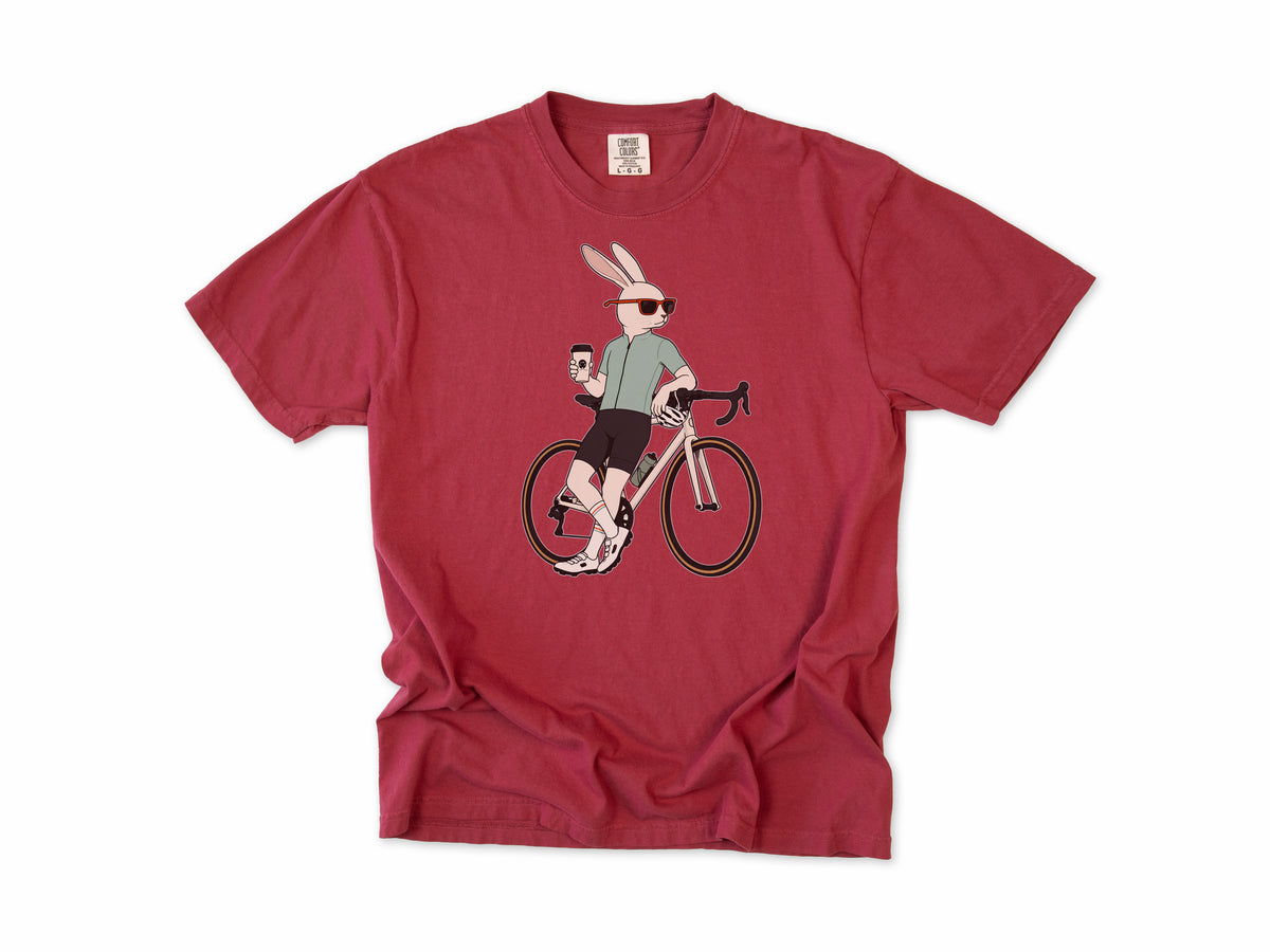 Cycling T-shirt in Chili, a hare in sunglasses with a coffee, leaning on a road bike, for coffee-loving road cyclists