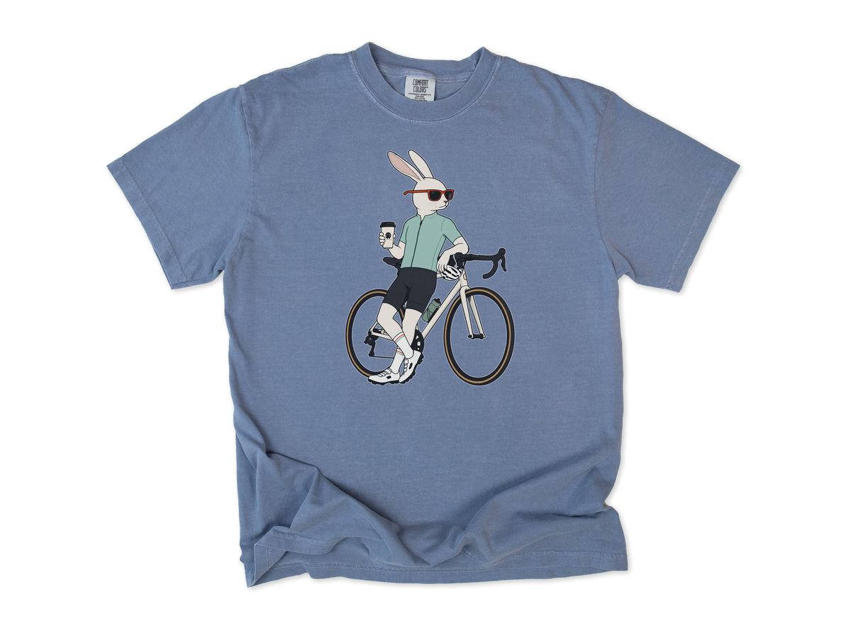 Cycling T-shirt in Blue Jean, a hare in sunglasses with a coffee, leaning on a road bike, for coffee-loving road cyclists