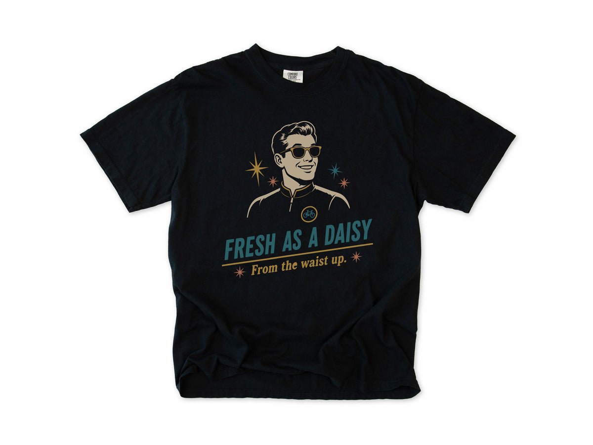 Funny cycling T-shirt in Black, 'Fresh as a Daisy, from the waist up', a retro man in sunglasses and a cycling top, for road cyclists