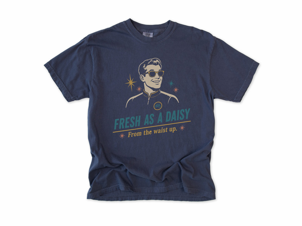Funny cycling T-shirt in Navy, 'Fresh as a Daisy, from the waist up', a retro man in sunglasses and a cycling top, for road cyclists