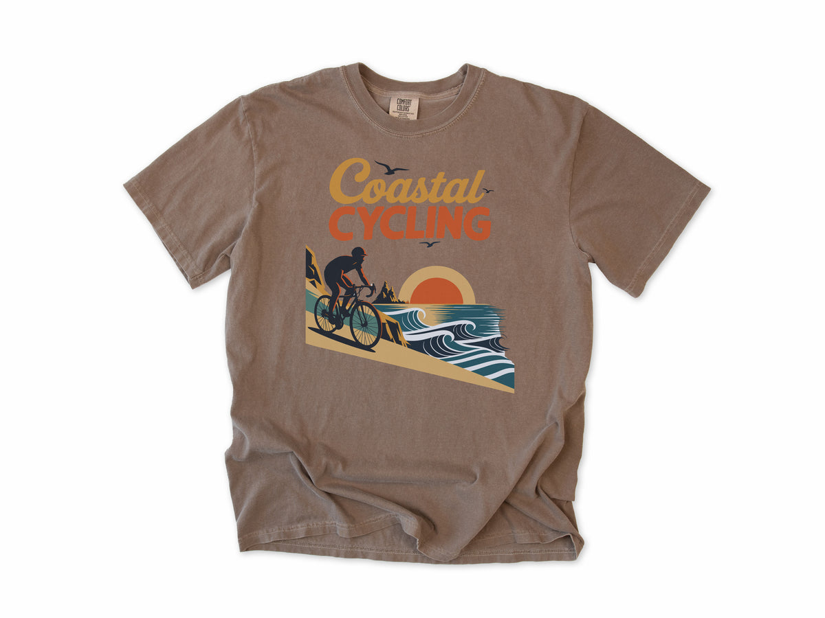 Cycling T-shirt in Espresso, 'Coastal Cycling', a cyclist by the sea at sunset, for cyclists who ride the coast