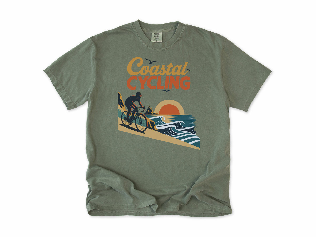 Cycling T-shirt in Moss, 'Coastal Cycling', a cyclist by the sea at sunset, for cyclists who ride the coast