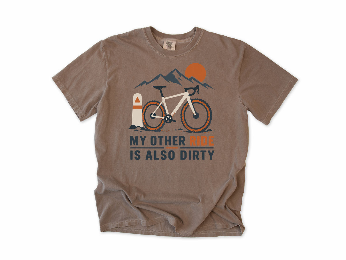 Funny cycling T-shirt in Espresso, 'My Other Ride Is Also Dirty' with a gravel bike, for gravel and mountain bikers