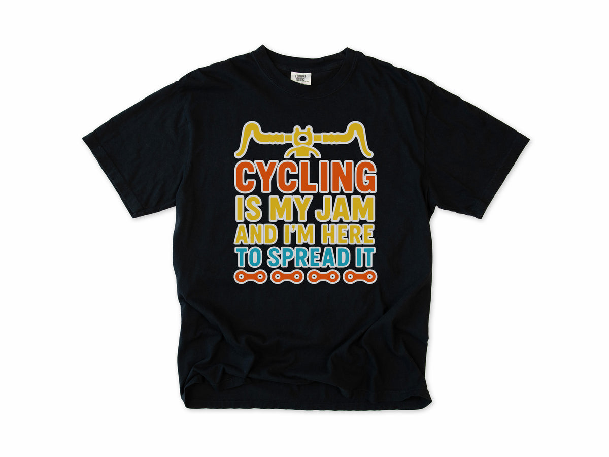 Funny cycling T-shirt in Black, 'Cycling Is My Jam and I'm Here to Spread It' with handlebars, for cyclists
