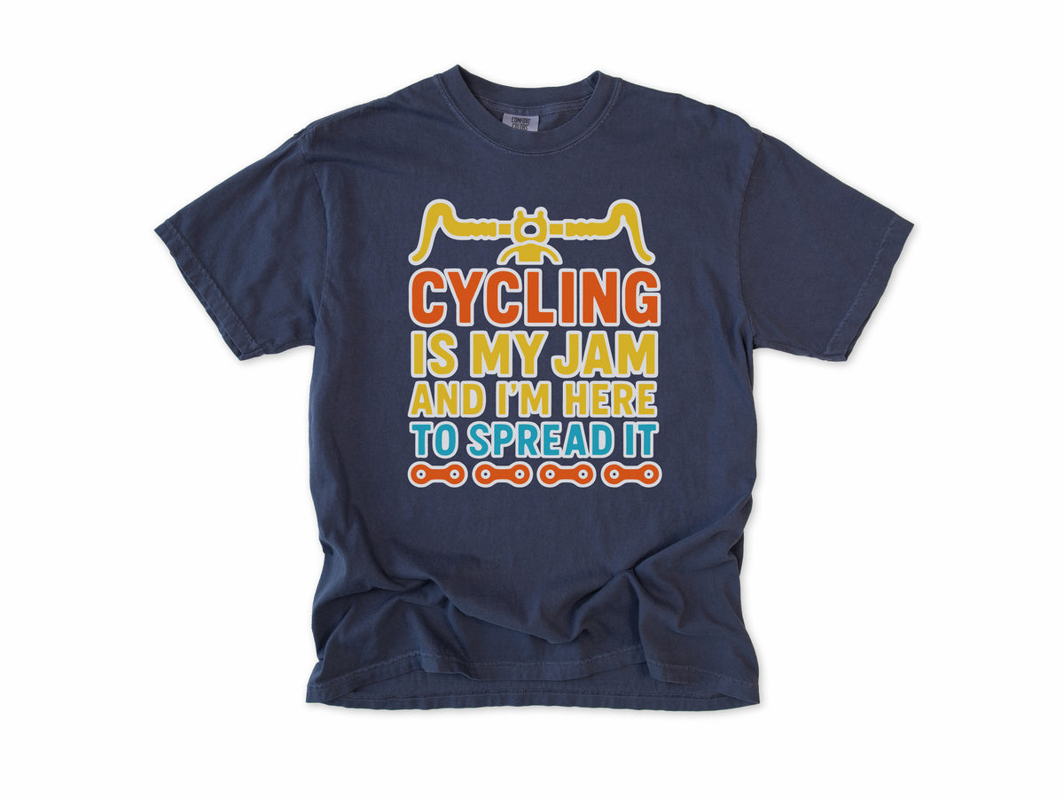 Funny cycling T-shirt in Navy, 'Cycling Is My Jam and I'm Here to Spread It' with handlebars, for cyclists