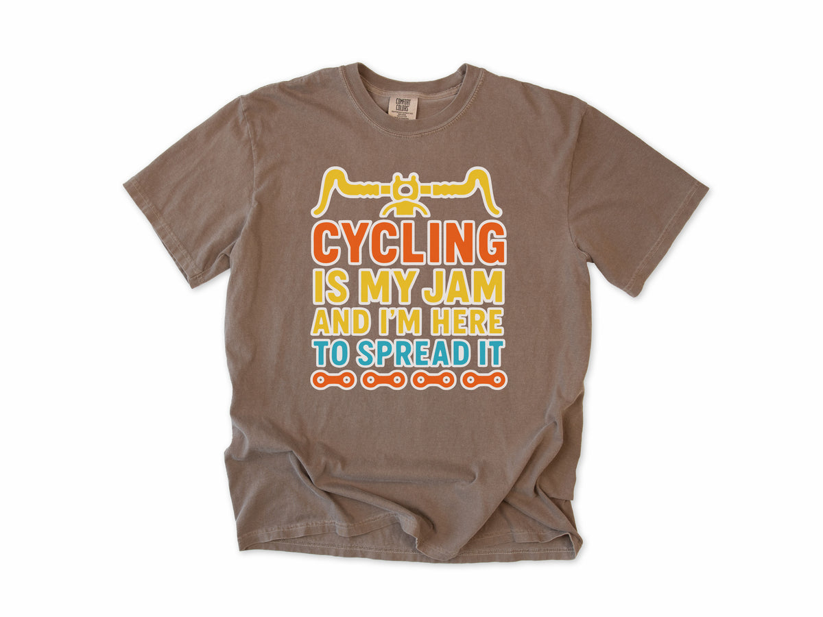 Funny cycling T-shirt in Espresso, 'Cycling Is My Jam and I'm Here to Spread It' with handlebars, for cyclists