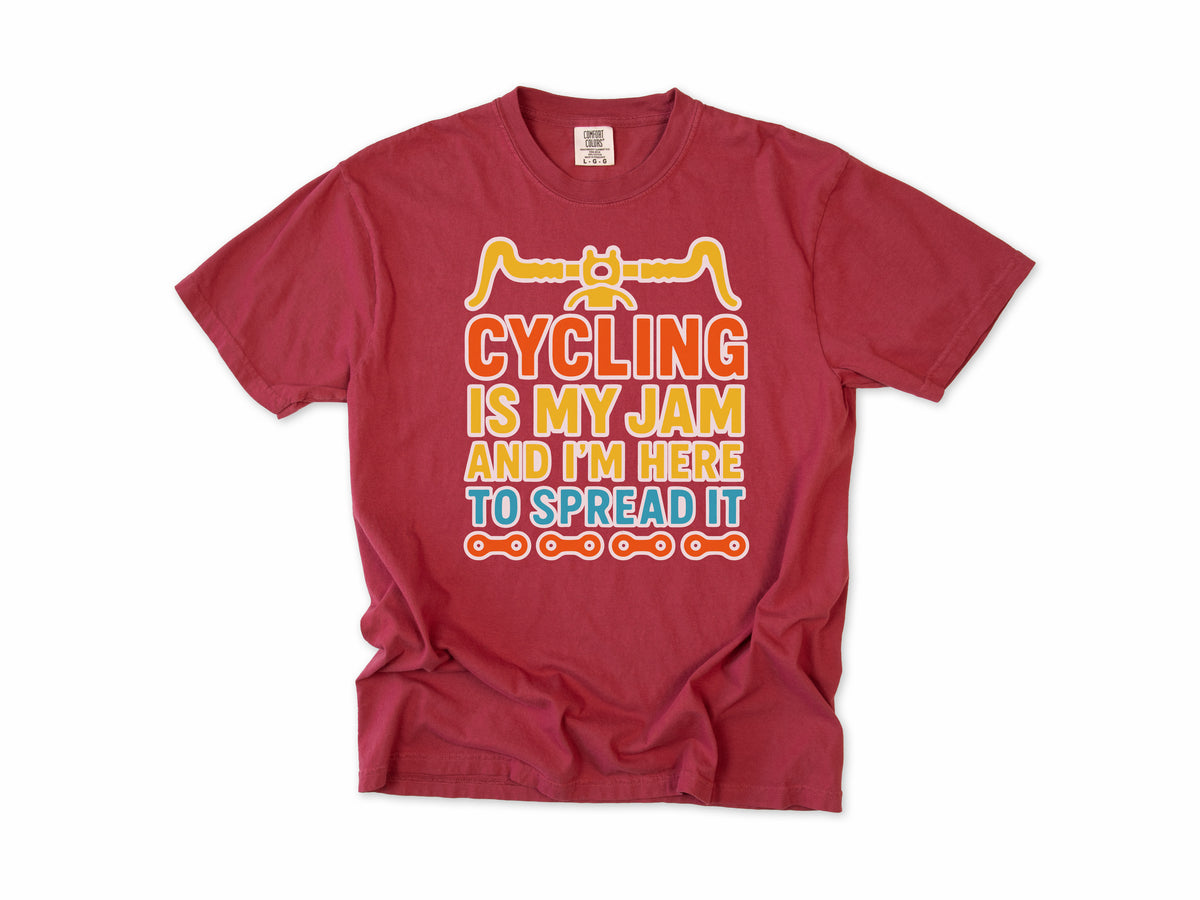 Funny cycling T-shirt in Chili, 'Cycling Is My Jam and I'm Here to Spread It' with handlebars, for cyclists