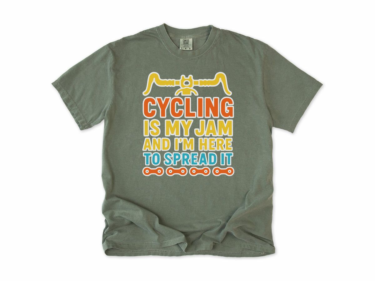 Funny cycling T-shirt in Moss, 'Cycling Is My Jam and I'm Here to Spread It' with handlebars, for cyclists