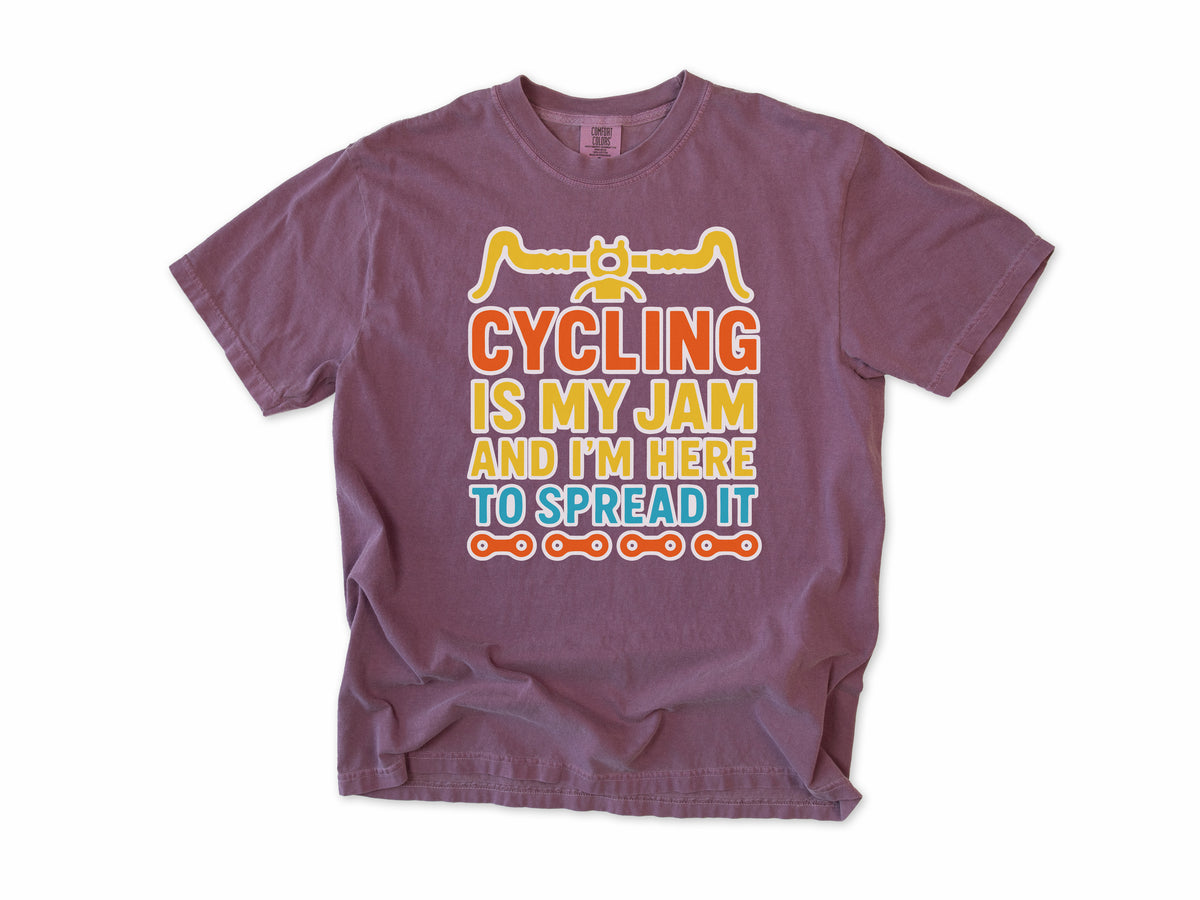 Funny cycling T-shirt in Berry, 'Cycling Is My Jam and I'm Here to Spread It' with handlebars, for cyclists