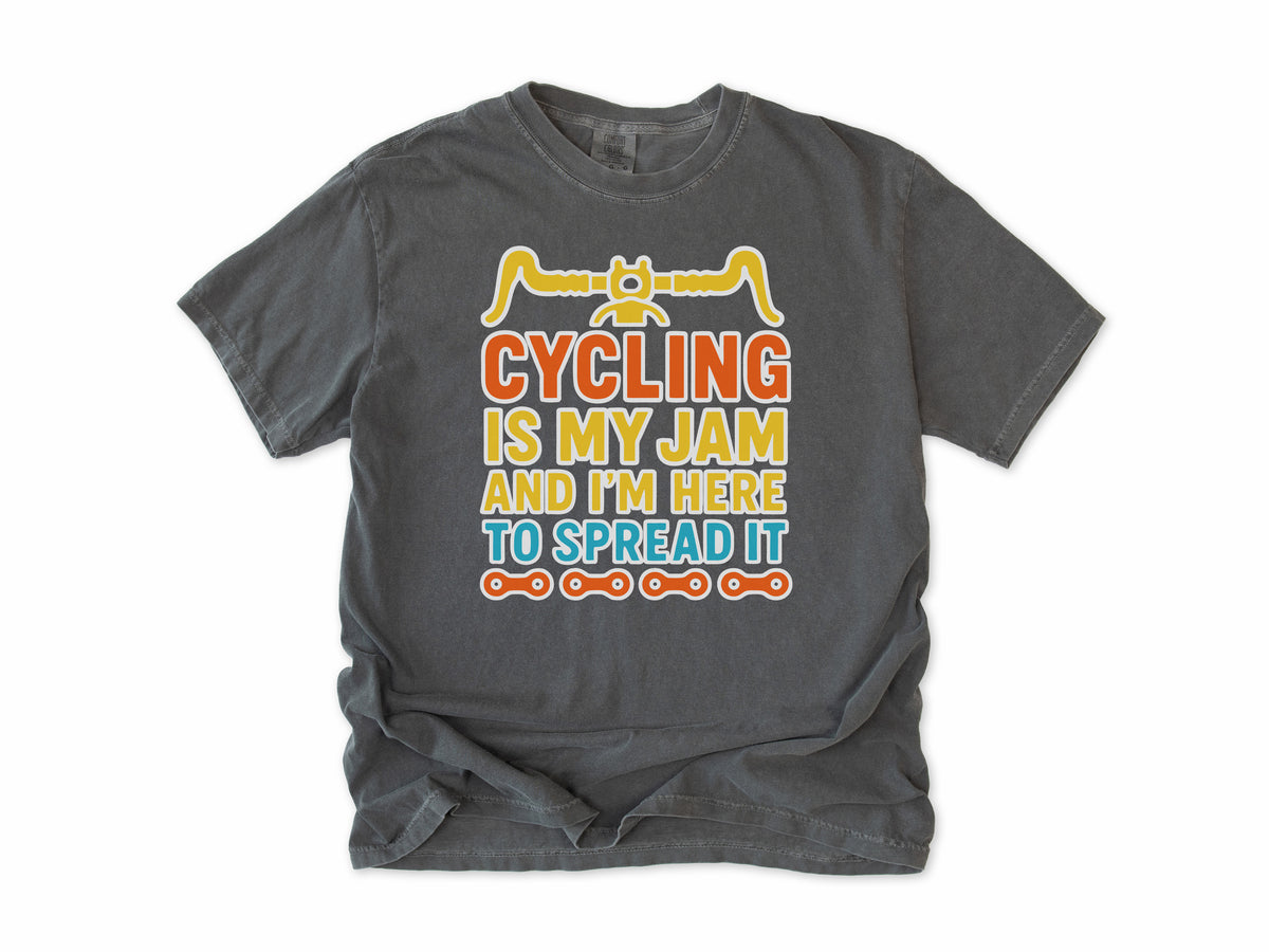 Funny cycling T-shirt in Pepper, 'Cycling Is My Jam and I'm Here to Spread It' with handlebars, for cyclists