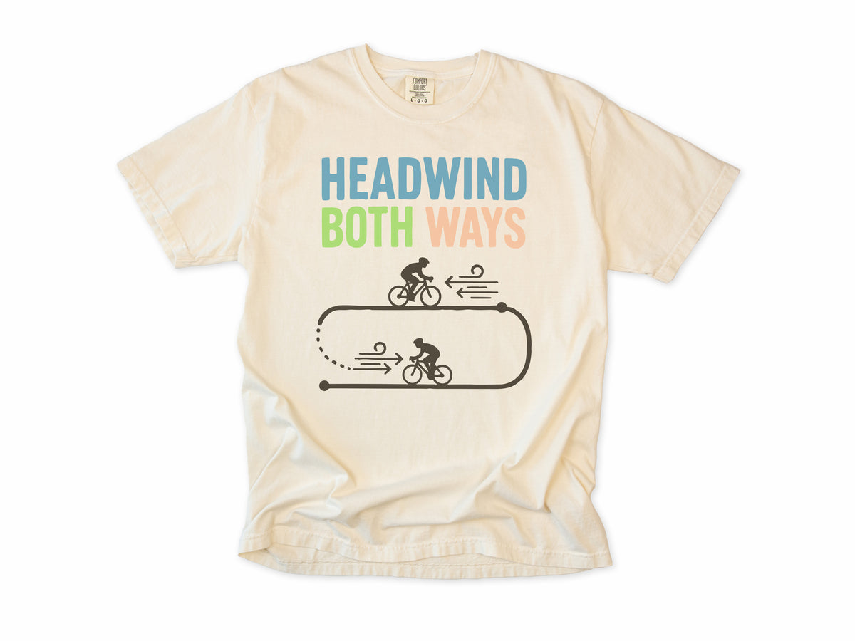 Funny cycling T-shirt in Ivory, 'Headwind Both Ways', two cyclists in a loop, for road cyclists