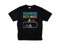 Funny cycling T-shirt in Black, 'Headwind Both Ways', two cyclists in a loop, for road cyclists