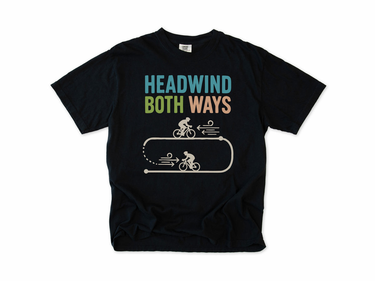 Funny cycling T-shirt in Black, 'Headwind Both Ways', two cyclists in a loop, for road cyclists