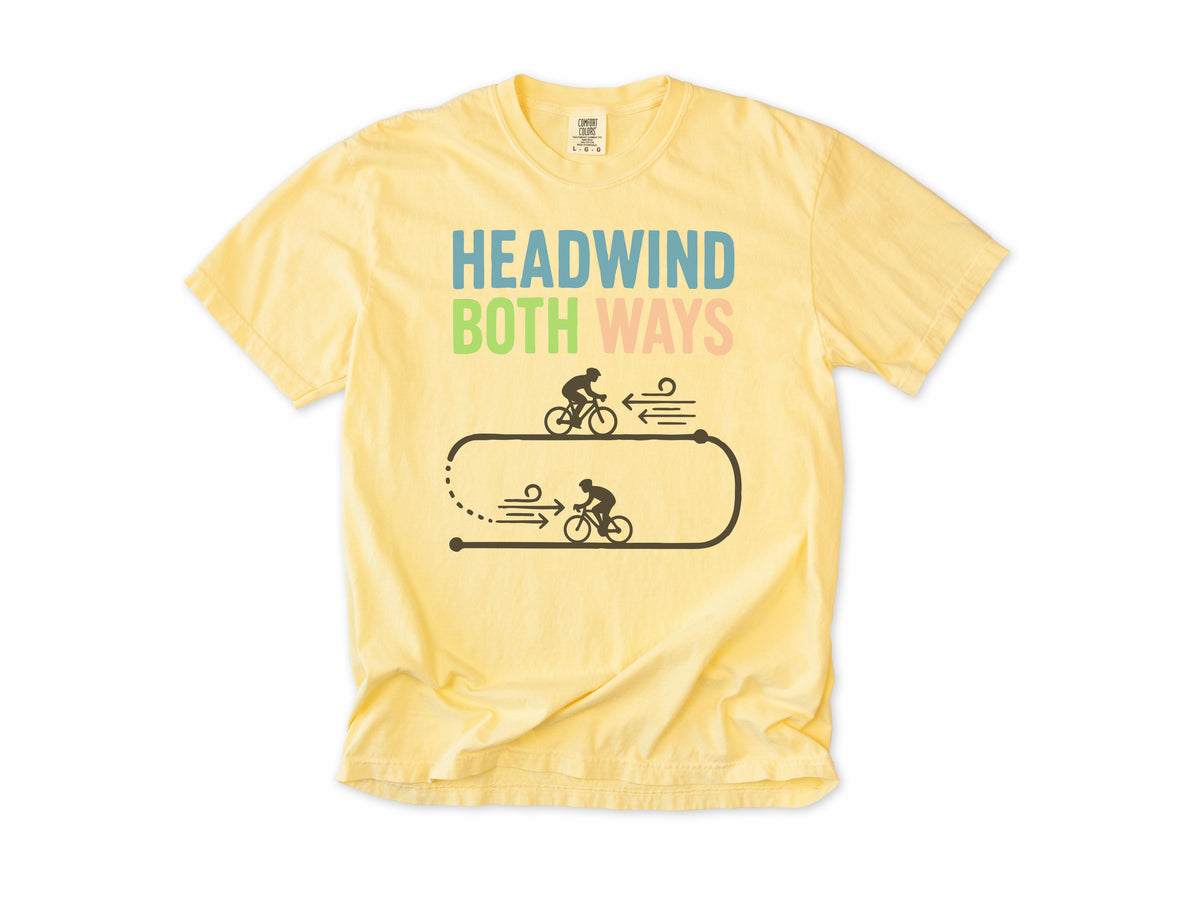 Funny cycling T-shirt in Butter, 'Headwind Both Ways', two cyclists in a loop, for road cyclists