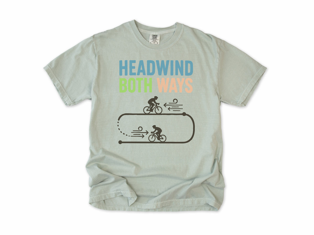 Funny cycling T-shirt in Bay, 'Headwind Both Ways', two cyclists in a loop, for road cyclists