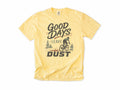 Cycling T-shirt in Butter, 'Good Days Leave Dust' with a cyclist on a dusty trail, for gravel riders