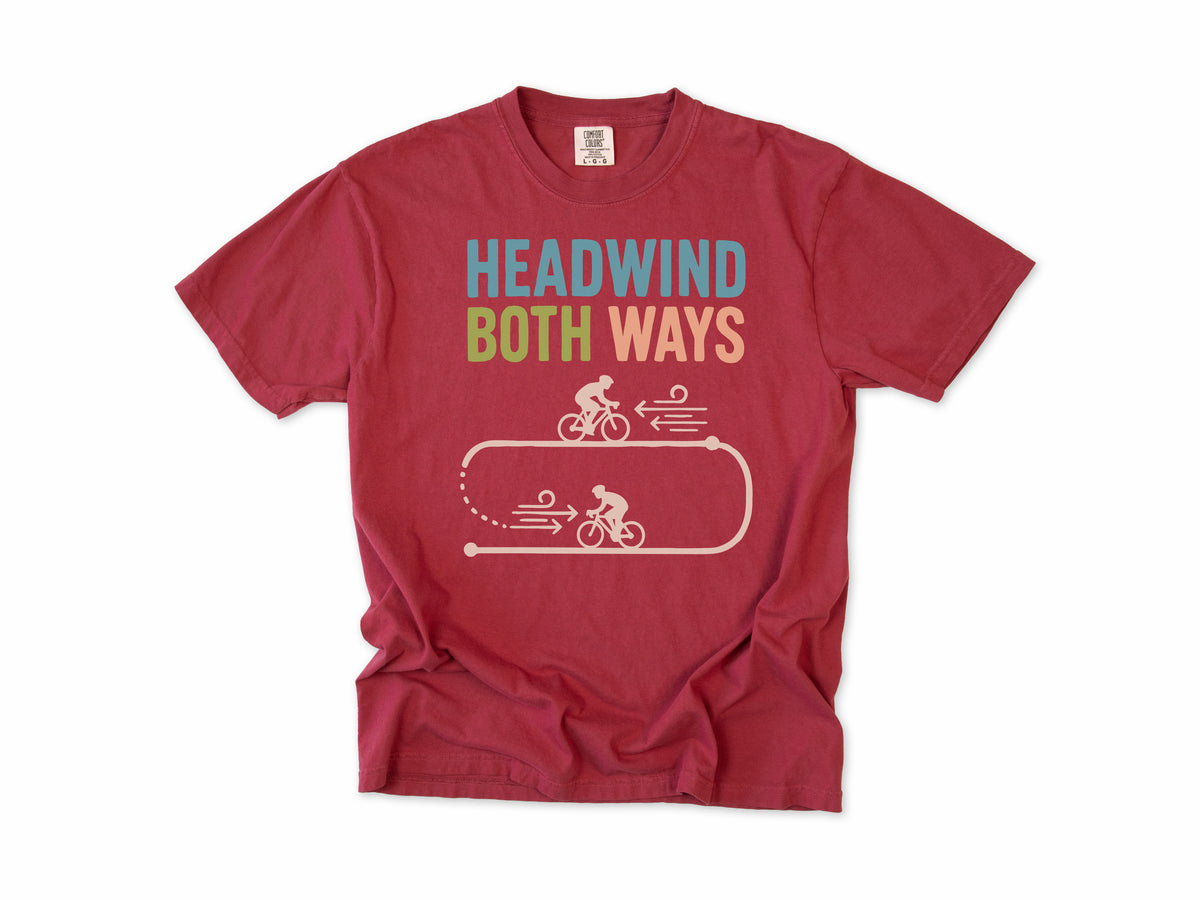 Funny cycling T-shirt in Chili, 'Headwind Both Ways', two cyclists in a loop, for road cyclists