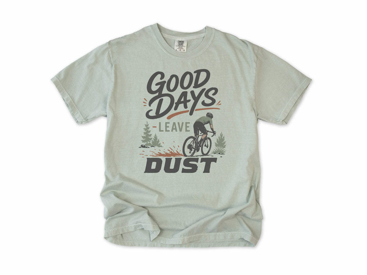 Cycling T-shirt in Bay, 'Good Days Leave Dust' with a cyclist on a dusty trail, for gravel riders