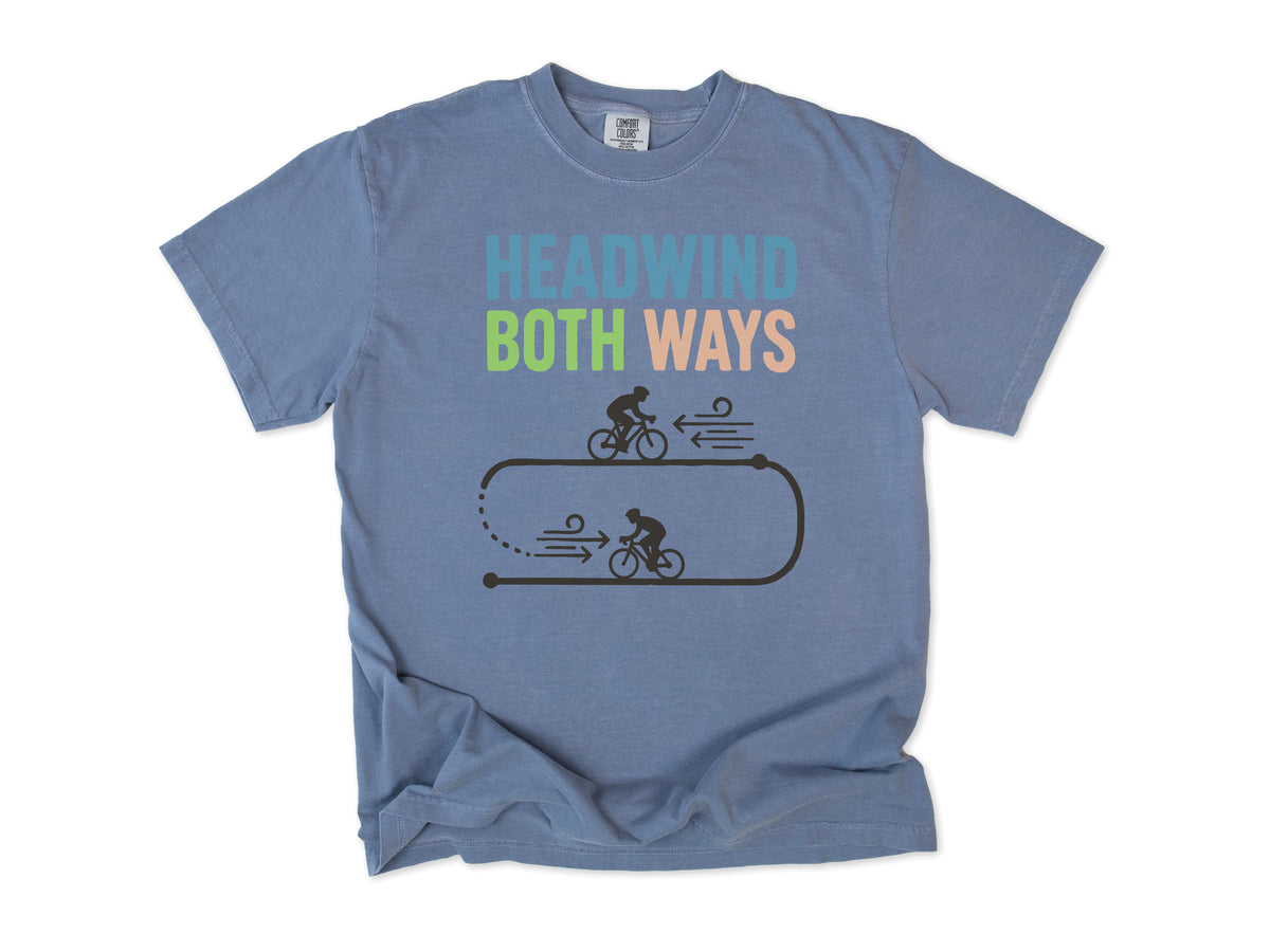 Funny cycling T-shirt in Blue Jean, 'Headwind Both Ways', two cyclists in a loop, for road cyclists