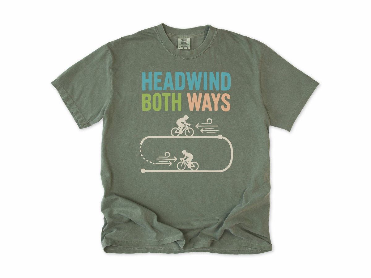 Funny cycling T-shirt in Moss, 'Headwind Both Ways', two cyclists in a loop, for road cyclists