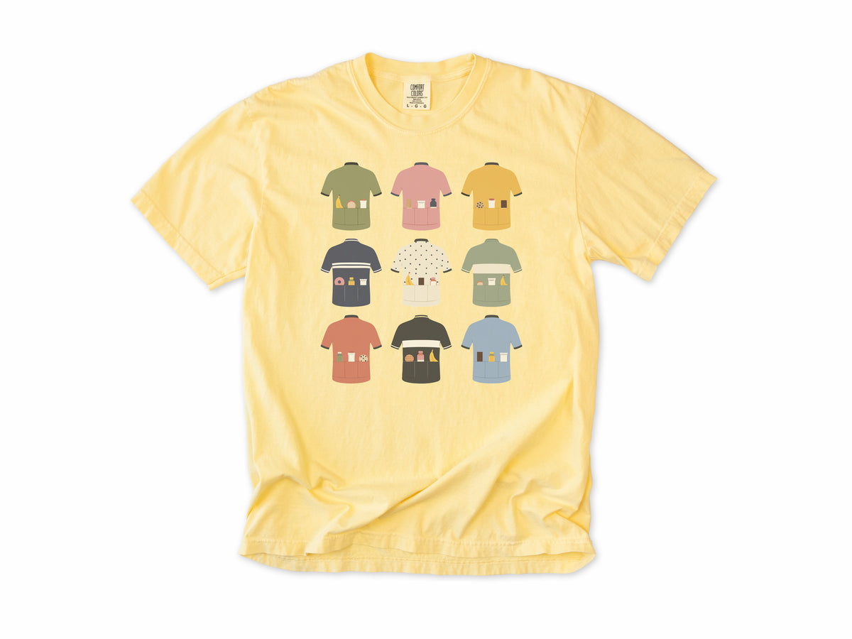 Funny cycling T-shirt in Butter, nine cycling jerseys with full back pockets, for road cyclists who carry snacks