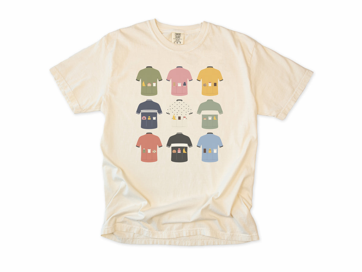 Funny cycling T-shirt in Ivory, nine cycling jerseys with full back pockets, for road cyclists who carry snacks