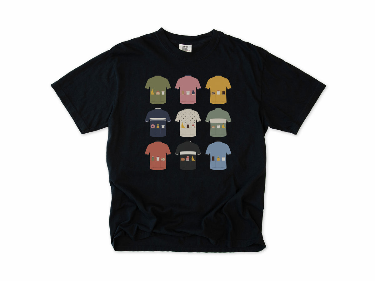 Funny cycling T-shirt in Black, nine cycling jerseys with full back pockets, for road cyclists who carry snacks