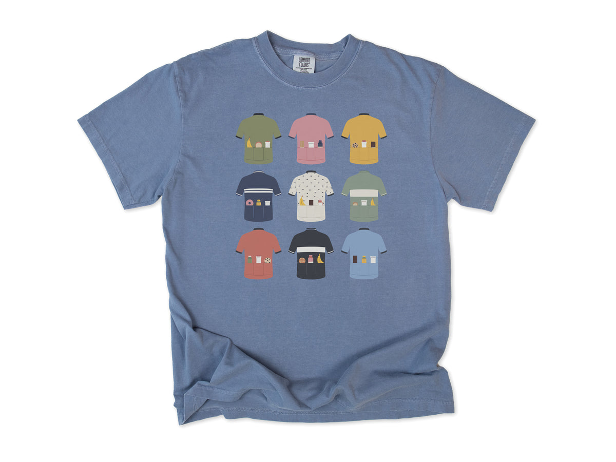 Funny cycling T-shirt in Blue Jean, nine cycling jerseys with full back pockets, for road cyclists who carry snacks