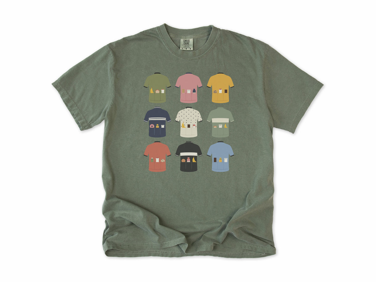 Funny cycling T-shirt in Moss, nine cycling jerseys with full back pockets, for road cyclists who carry snacks